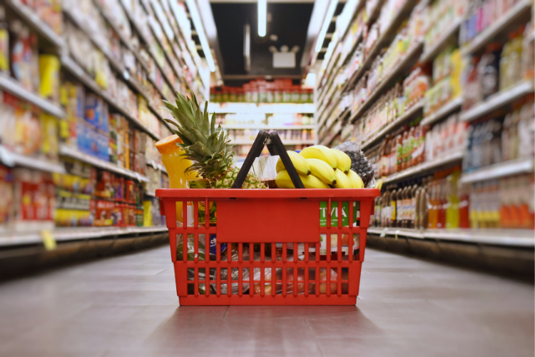 Easter 1 shopping basket in supermarket aisle