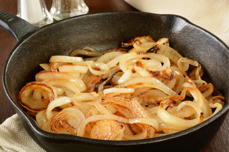 Soups 1 caramelised onions in cast iron pan