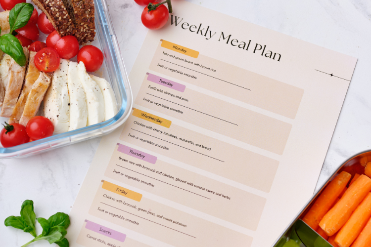 a weekly meal plan lying on kitchen counter