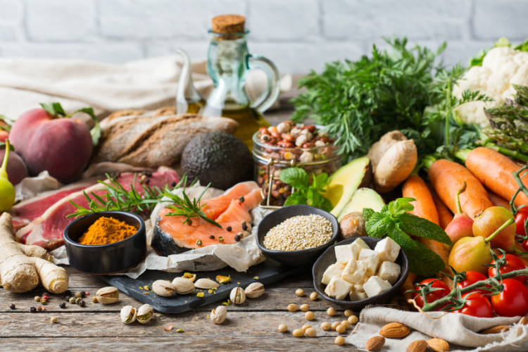 Basics 1 table-of-healthy-foods-including-salmon-vegetables-nuts