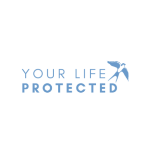 Your lfe protected logo, light blue with a swallow as an icon