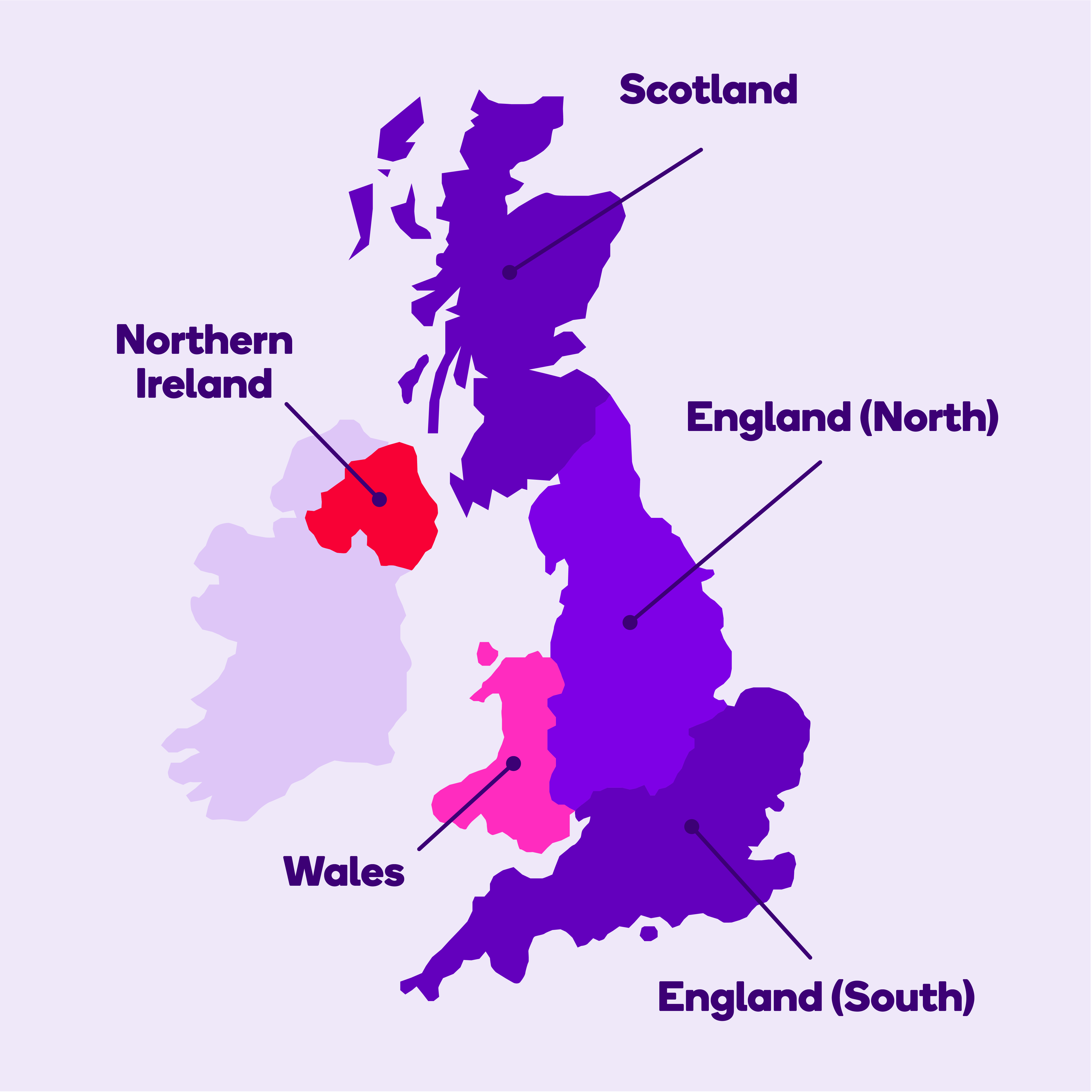 HHG-1080x1080px Heart Research UK's Healthy Heart Grant map of the UK - showcasing the different grant regions: Northern Ireland, Scotland, Wales, England North and England South.