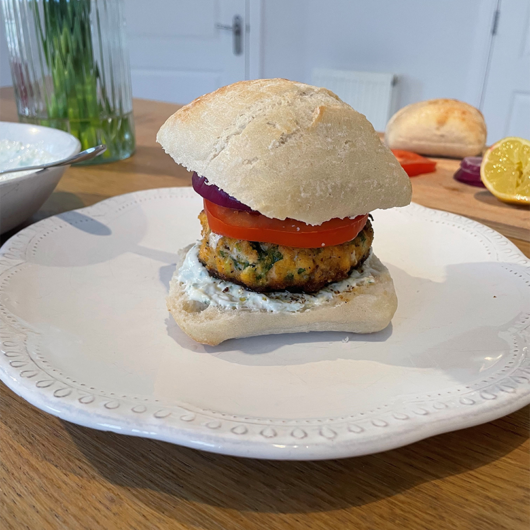 Marathon training salmon burger with tzatziki sauce