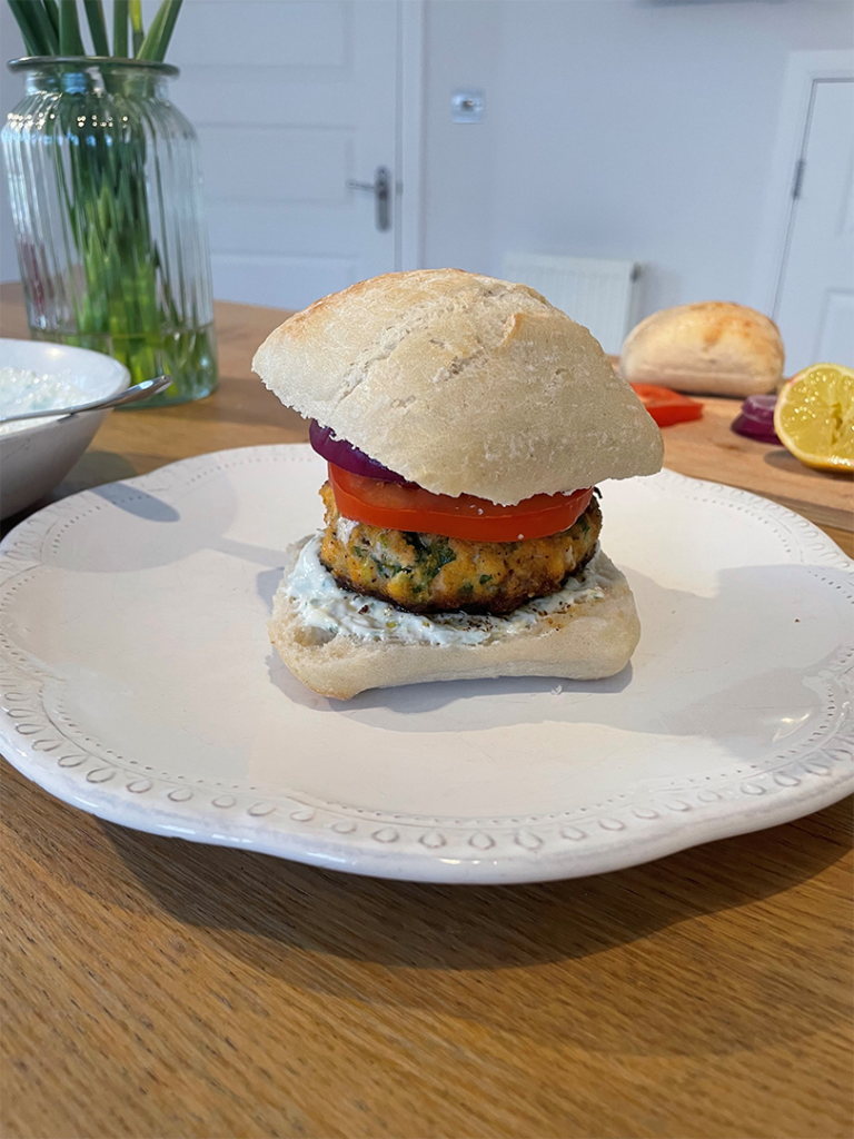 Marathon training salmon burger with tzatziki sauce