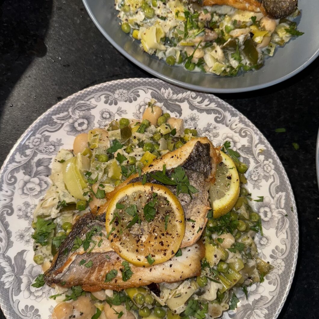 Pan Seared Sea Bass with a Pea and Butter Bean Ragu