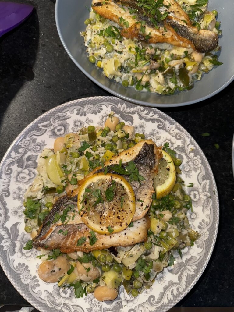 Pan Seared Sea Bass with a Pea and Butter Bean Ragu
