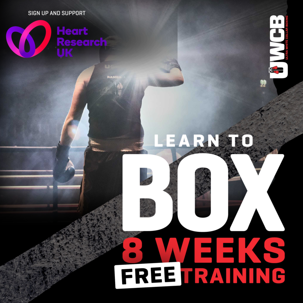 Person with hand raised in a boxing ring. Text reads: Learn to box. 8 weeks free training