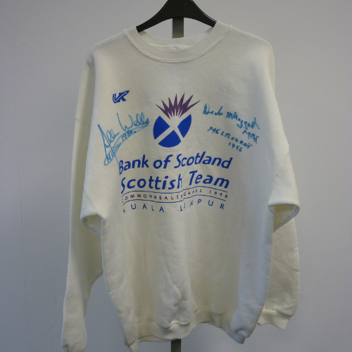 Untitled design (46) Sweatshirt from the 1998 Commonwealth Games, signed by Alan Wells MBE and Dick McTaggart MBE