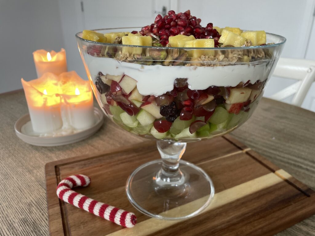 Serve this dish as a flamboyant breakfast or showstopping desert as a lighter option this Christmas time. Its packed full of juicy fruit and festive flavours such as pomegranate and cranberries