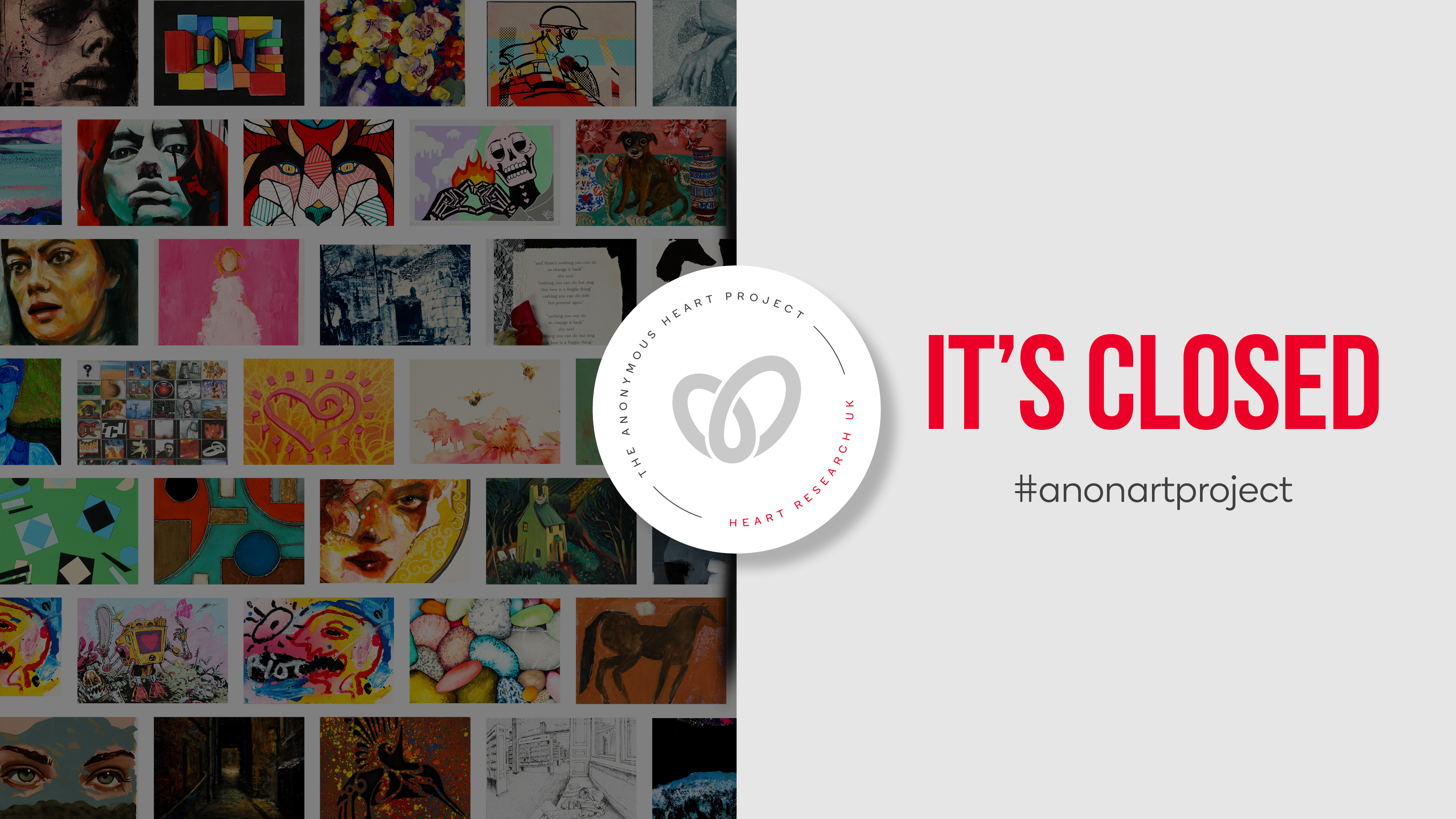 It's Closed Webpage Header 1600x900px Collage of artwork. Text reads: It's Closed. #anonartproject