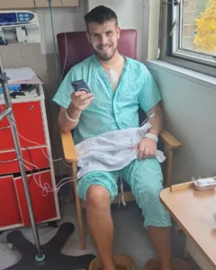 Tom in hospital after suffering an aortic dissection