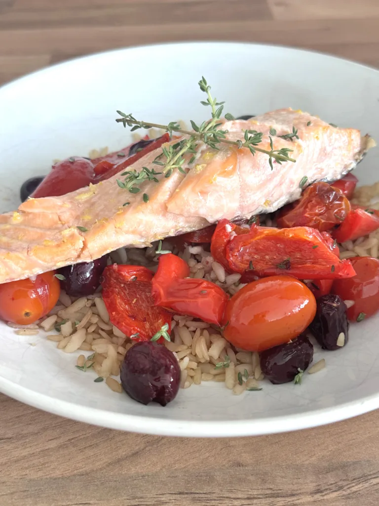 Salmon grape and veg tray bake